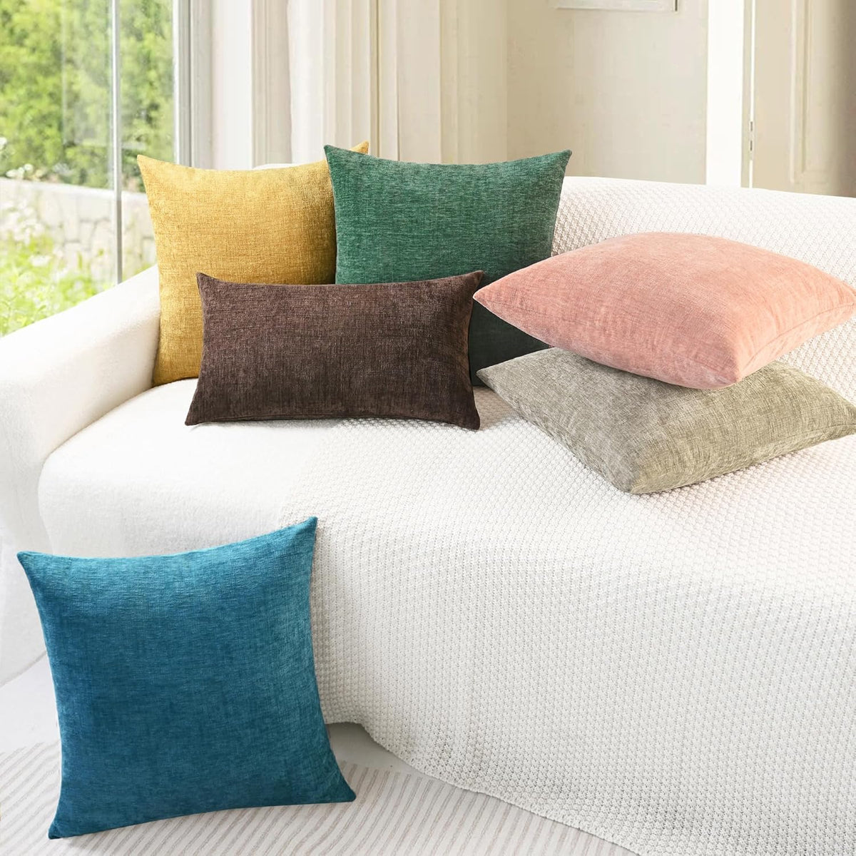 CaliTime Throw Pillow Covers Decorative 12 X 20 Inches Pack of 2 Cozy Chenille Cushion Cases for Couch Sofa Bed Living Room Home Ocean Blue