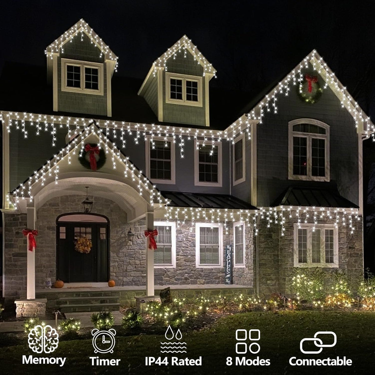 QITONG White Icicle Lights for Outside, 33ft 400 LED Christmas Lights Plug in, Connectable Clear Wire String Lights Indoor with 8 Modes