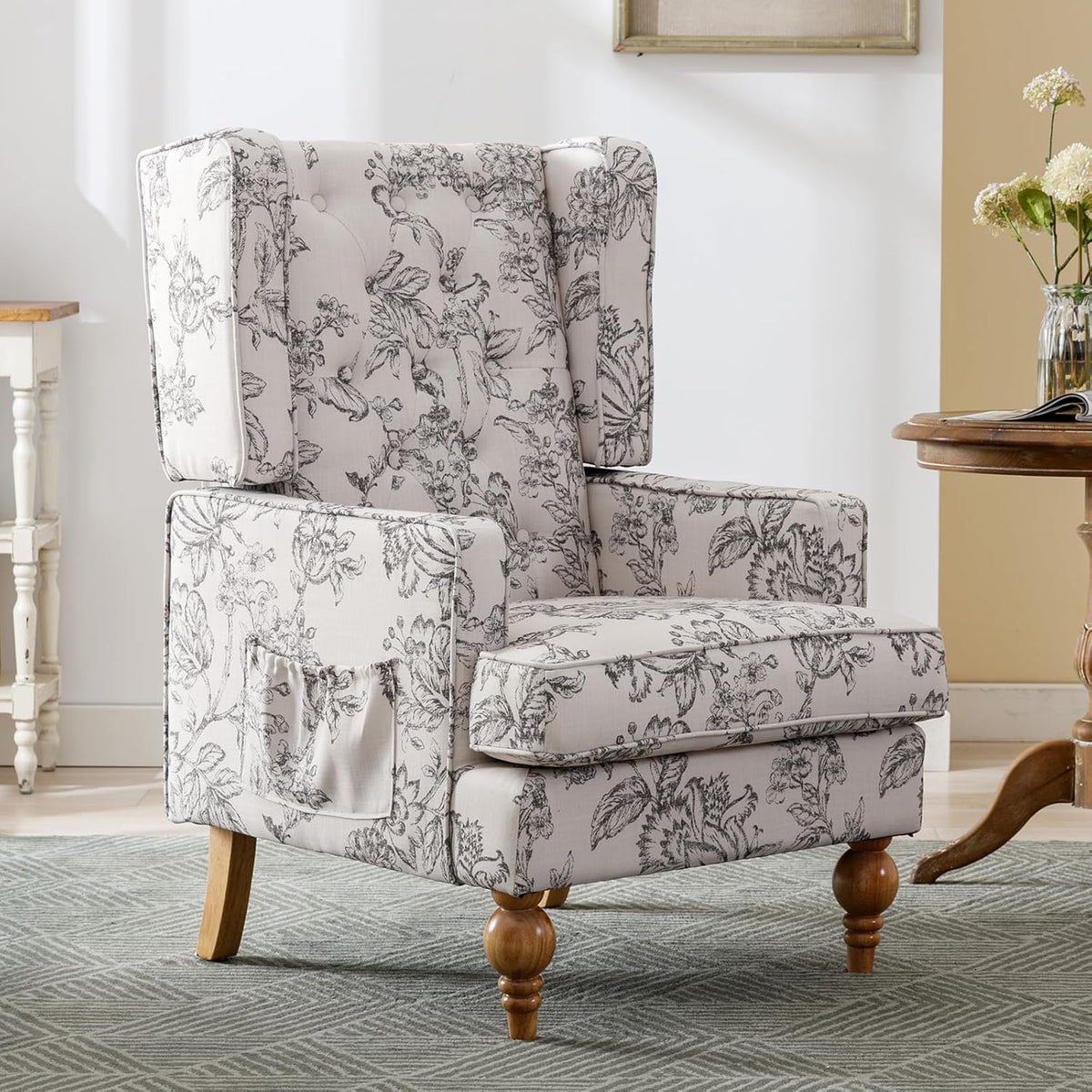 DUOMAY Tufted Accent Chair Set of 2, Modern Linen Upholstered Wingback Side Arm Chair for Living Room Bedroom with Wood Legs, Comfy Reading Guest Chair for Office, Beige Flower Pattern