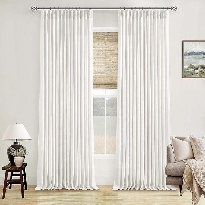 Beige White Pinch Pleated Linen Curtains 92 Inches Long 2 Panels | Memory - Image 8