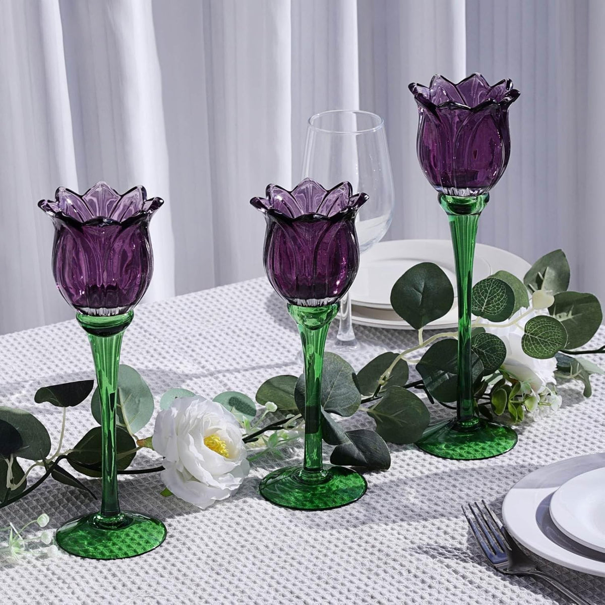 VOHO Purple Tulip Tealight Candle Holder Set of 3, Glass, Purple, Floral, Holidays, Wedding, Romance, Easter, Halloween, Thanksgiving, Christmas, Anniversary & Engagement, Tabletop, 3.15'' x 10.83''