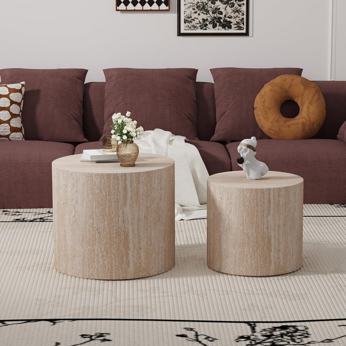 Round Nesting Coffee Table Set of 2 Modern Wood Coffee Tables Handcraft Drum Coffees Table Farmhouse Round Sofa Side Tables End Table for Living Room Small Spaces, No Assembling (Travertine)