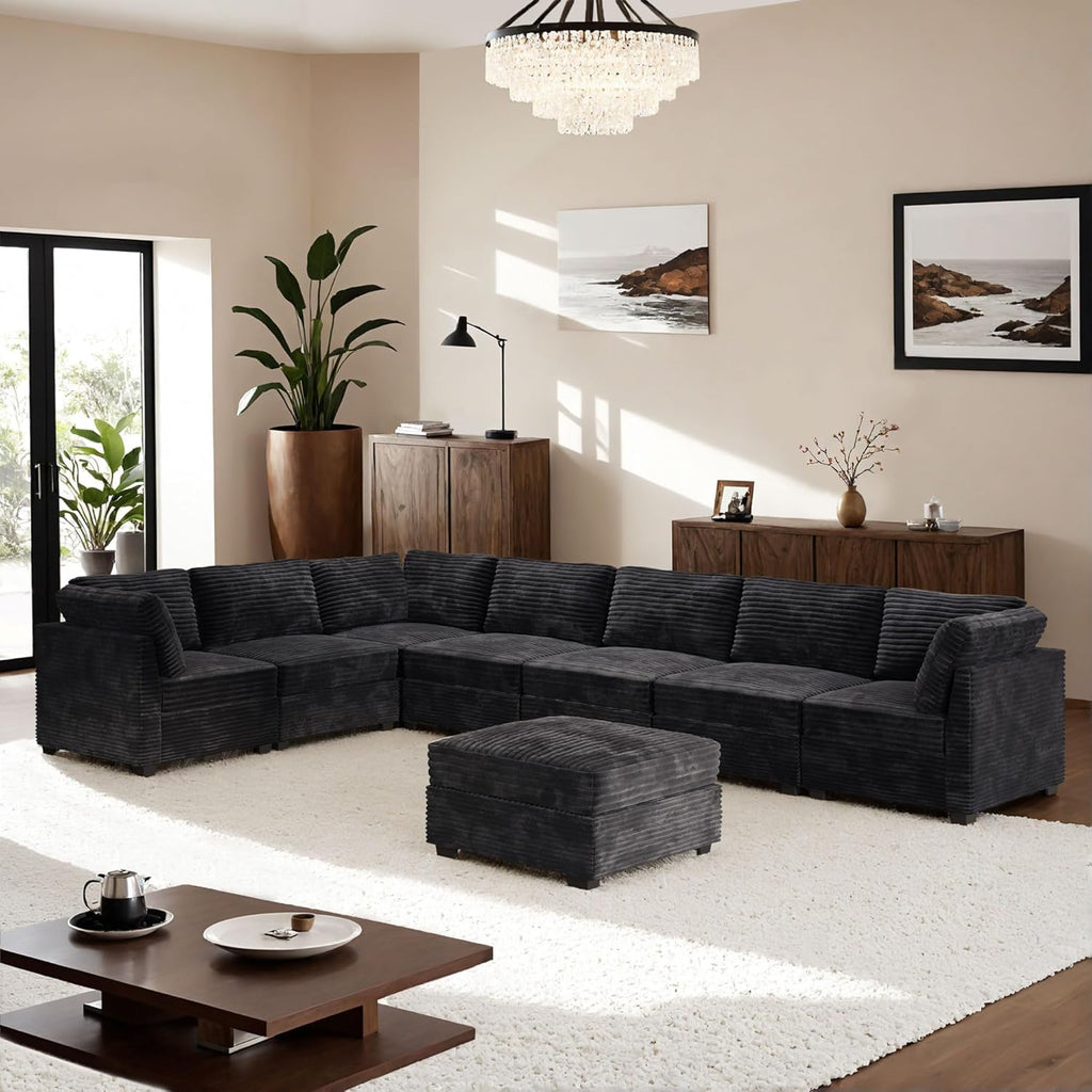 ovios Sectional Sofa Couch with L-Shape Chaise Ottoman, Comfy Modular Cloud Couches with Deep Seat, Modern Upholstered Plush Corduroy Sofas Set for Living Room, 8-Seater, Black
