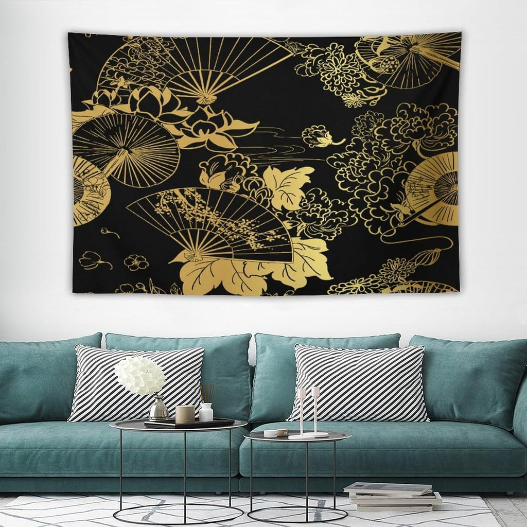 HZOHNAGO Japanese Tapestry Gold Flowers Umbrella Fan Pattern Printed Wall Tapestry Painting Wall Hanging for Bedroom Living Room Dorm 90" W x 60" H
