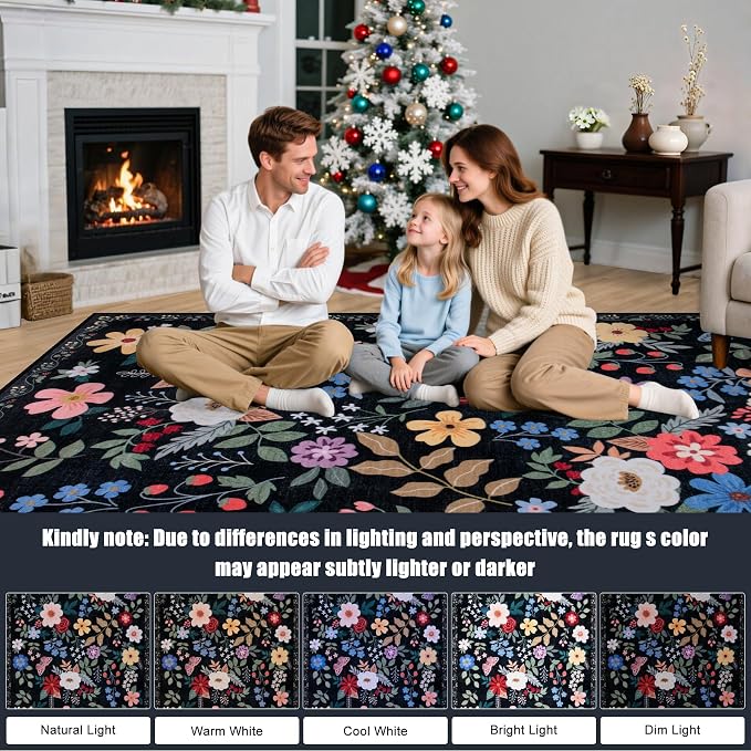 PLHXFR 2x3 Small Entryway Rug: Floral Washable Indoor Soft Carpet Black | - Image 9