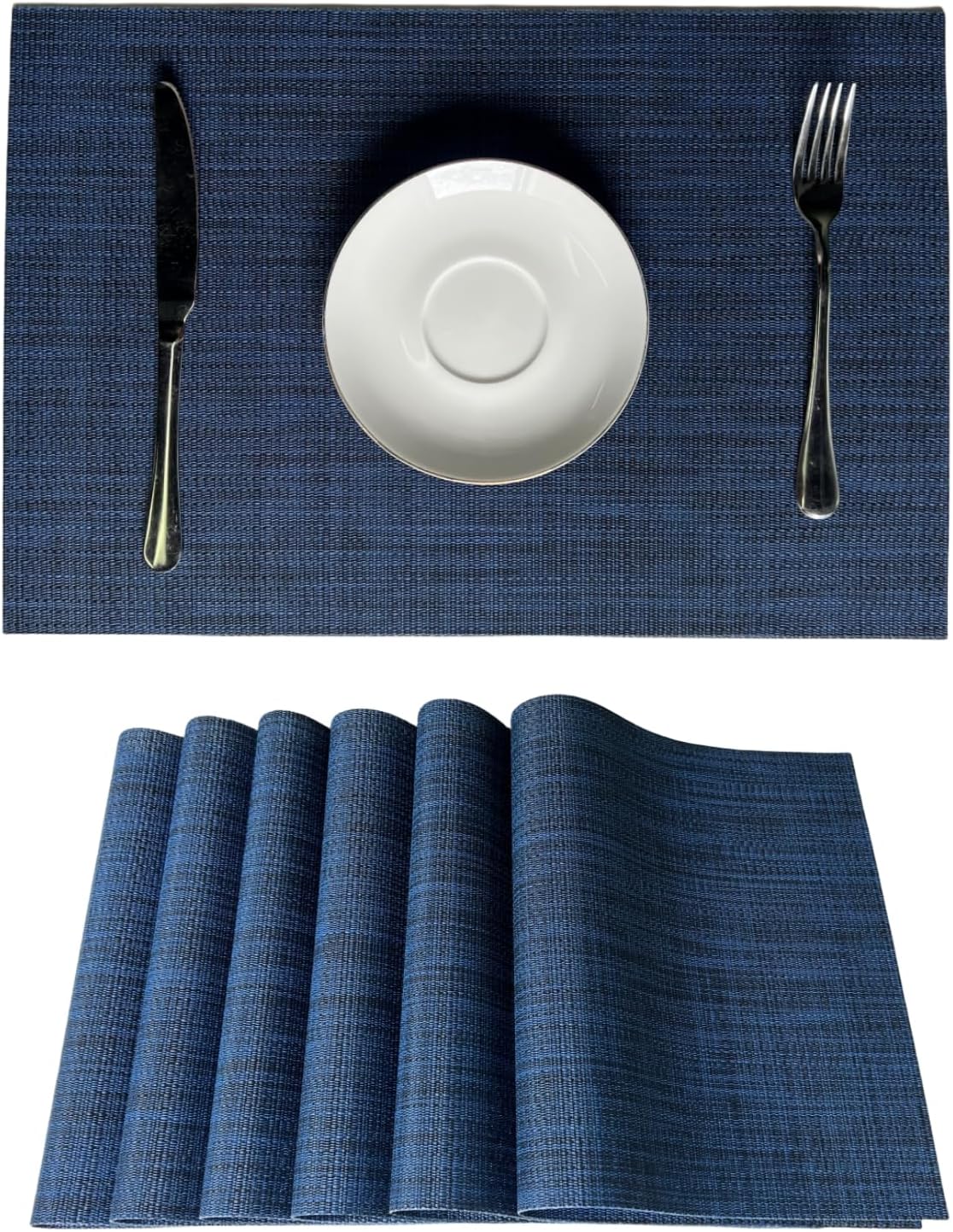 WAZAIGUR Placemats Set of 6 for Dining Table Heat-Resistant Washable Place Mats Woven Vinyl Kitchen Table Mats Easy to Clean,Navy Blue