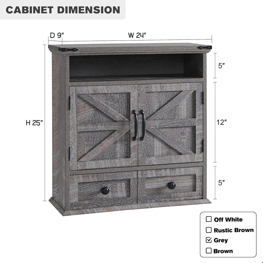 Bathroom Wall Cabinet, Farmhouse Medicine Cabinet, 24" Wide Cabinet with Drawer, Adjustable Shelf, Double Barn Doors, Storage Cabinet for Bathroom, Kitchen, Living Room, Grey Wash
