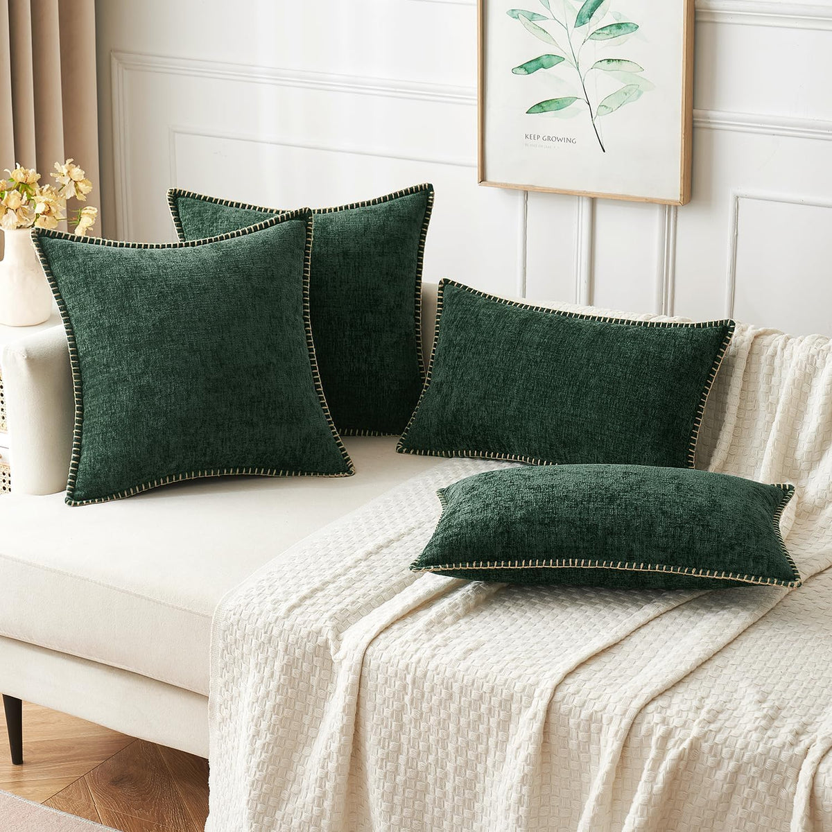 MIULEE Pack of 2 Christmas Pillow Covers 24x24 Inch Dark Green Farmhouse Decorative Throw Pillow Covers with Stitched Edge Soft Chenille Solid Dyed Couch Pillow Covers for Sofa Bed Living Room