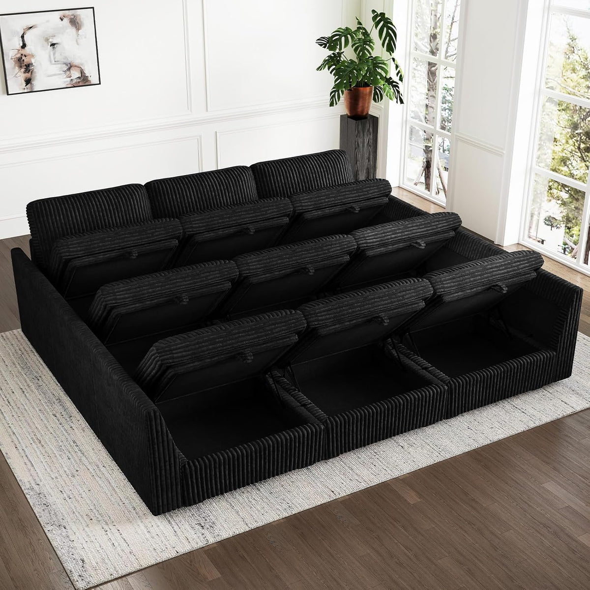 Belffin Modular Sectional Sofa with Sleeper Sofa, Oversized Cloud Couch with Extra Deep Seat, Upholstered 9 Seat Sectional Couches for Living Room, Plush Corduroy Black