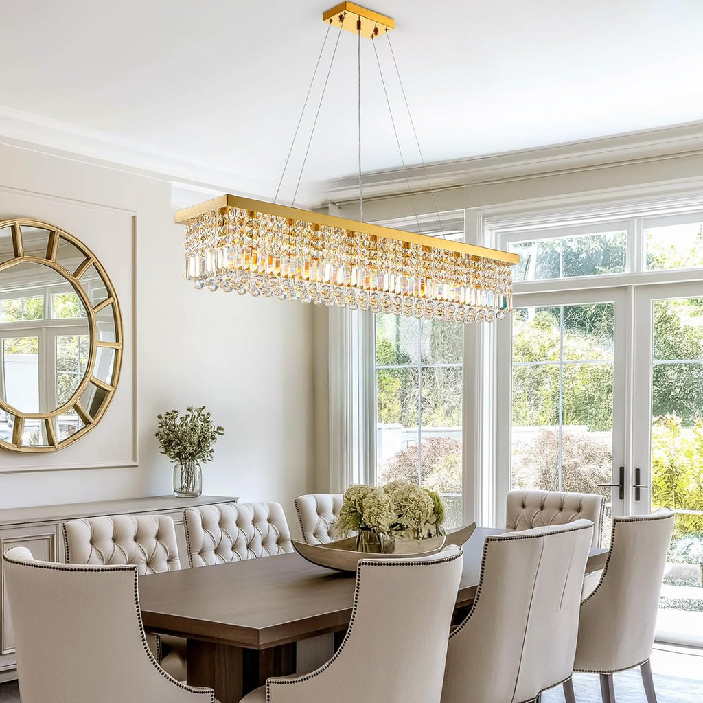 10 Lights Modern Crystal Chandelier, Gold K9 Rectangle Rectangular Chandeliers,Luxury Flush Mount Pendant Ceiling Light for Dining Room Kitchen Island L47''xW10''xH10''