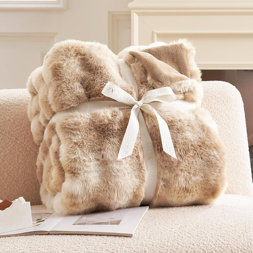 Cozy Bliss Faux Fur Throw Blanket for Couch, Fuzzy Soft Plush Thick Bubble Blanket for Sofa Bedroom Living Room, 50 * 60 Inches Tie-dye Beige
