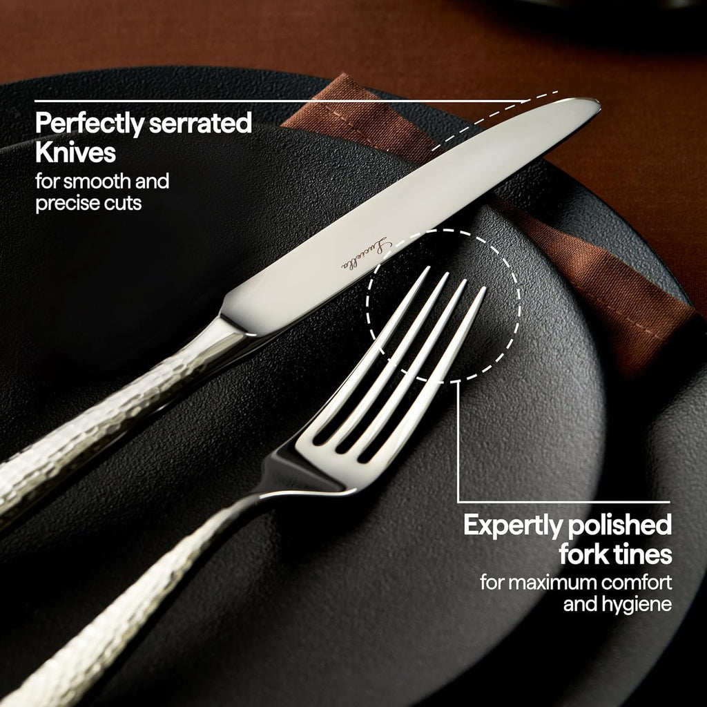 Luciella Ponza Flatware Set for 12, 65-Piece Stainless Steel Silverware Set with Serving Utensils, Timeless Hammered Design, Rust-Resistant, Mirror Polished & Dishwasher Safe