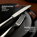 Luciella Ponza Flatware Set for 12, 65-Piece Stainless Steel Silverware Set with Serving Utensils, Timeless Hammered Design, Rust-Resistant, Mirror Polished & Dishwasher Safe