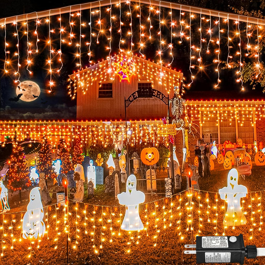 33 FT 400LED Halloween Lights, Orange Icicle Lights for Outside, Clear Wire Twinkle String Light with Timer 8 Modes Waterproof for Window House Patio Yard Wedding Classroom Festival Decor