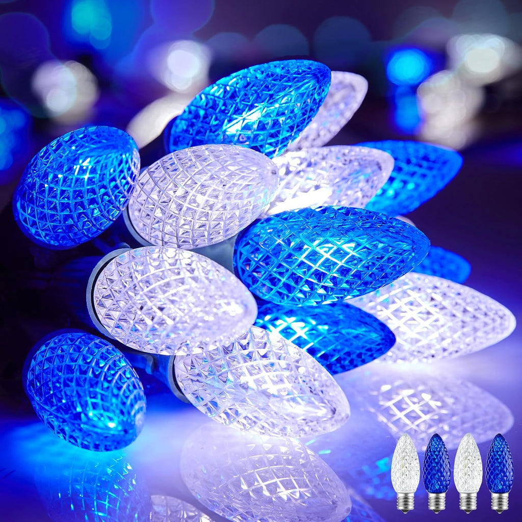 Minetom 100 Feet Led Christmas Lights,Blue White C9 Christmas String Lights Outdoor, 100 Strawberry Bulbs Connectable UL Certified for Indoor Outdoor Roofline Patio Holiday Party Backyard Xmas Decor