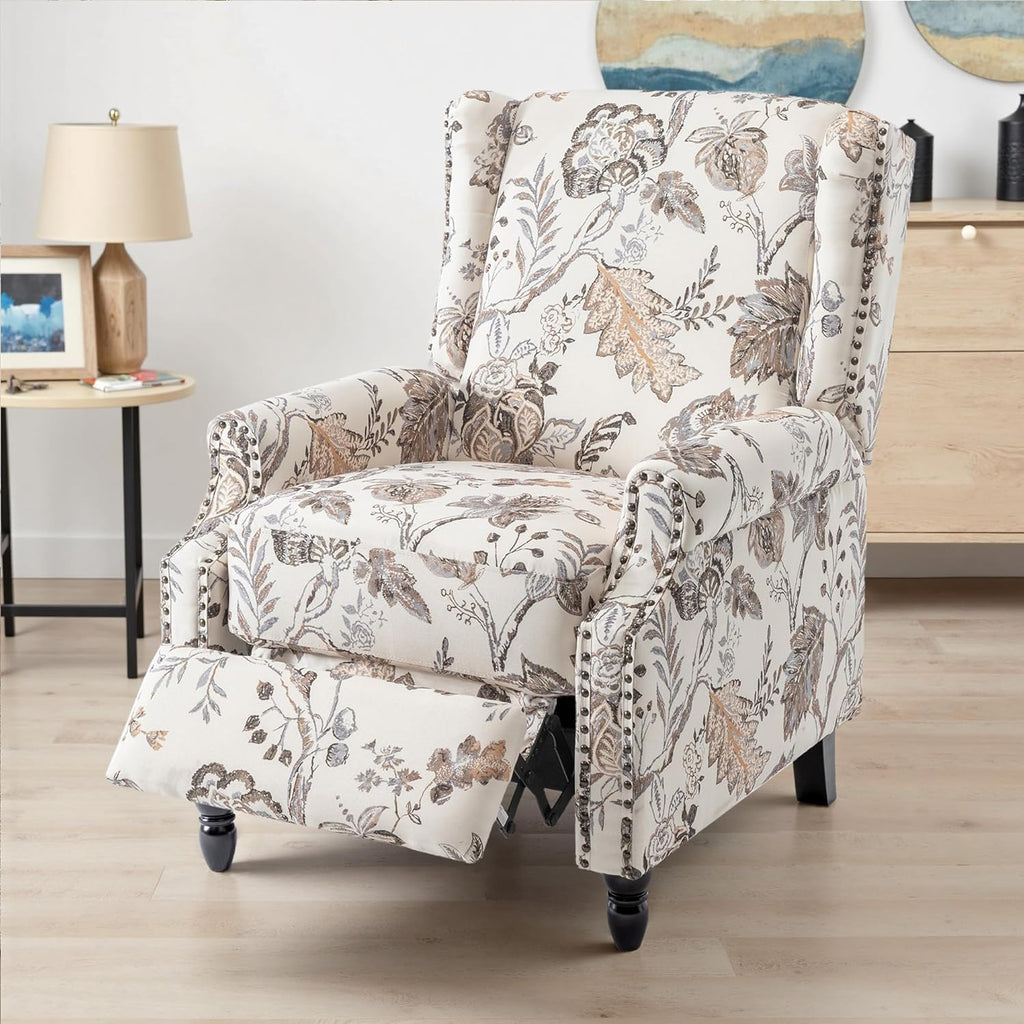 UIXE Recliner Chairs Set of 2, Fabric Upholstered Armchair Pushback Accent Chair for Living Room, Floral Rivet Trim Club Chair Home Theater Single Sofa Bedroom Side Reading Seat - Beige Plants