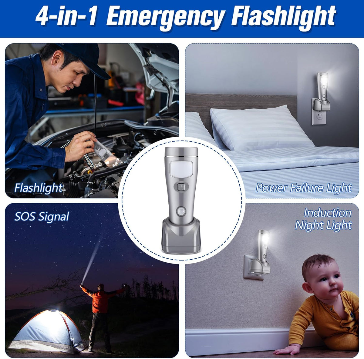 Enhon 6 Pack 4 in 1 LED Emergency Lights for Home Power Failure, Rechargeable Plug in Flashlight Motion Sensor Night Light, Automatic Turn On Power Outage Light for Home Hurricane Supplies