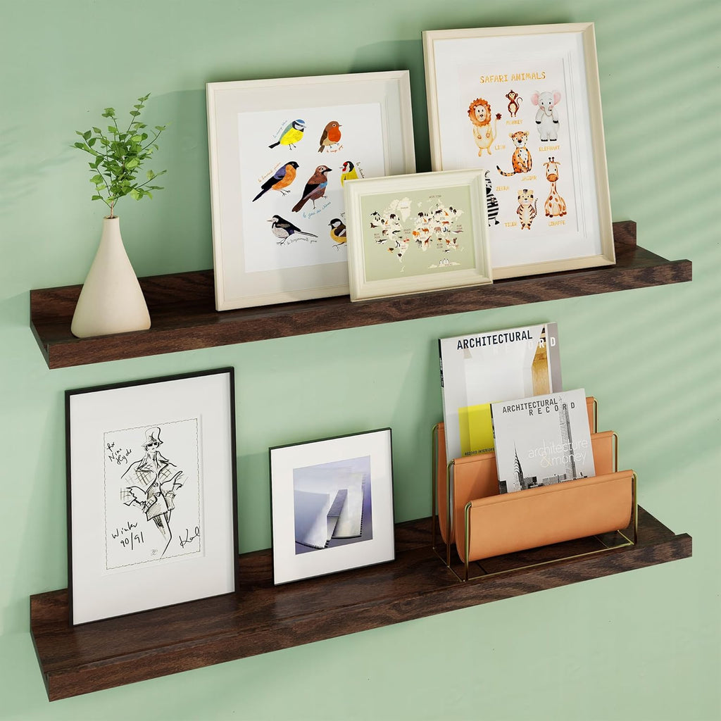 Floating Picture Ledge Shelves 36 Inch Solid Oak Wood Set of 2, Rustic Wall Storage Shelves with Lip, Kids Bookshelf, Photo & Picture Ledge Shelves for Bedroom, Living Room, Kitchen