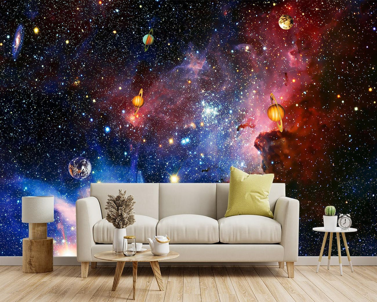 -Galaxy Universe Planet Ceiling Fabric Wallpaper Boys Girls Nursery Starry Sky Children Bedroom Bathroom Large Mural- 183"x120"（ not Peel and Stick）