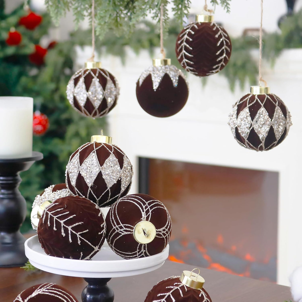 3.15INCH Brown Velvet Ornaments for Christmas Tree, 12PCS Glitter Flocked Christmas Ornaments Decorations Balls Set Decor