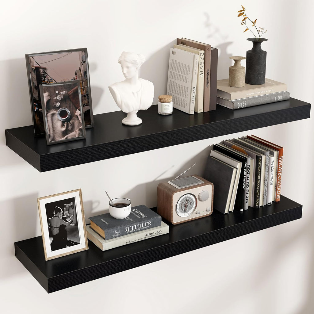 Floating Shelves - 2 Large Wall Mounted Shelves with Invisible Brackets, Long Wood Floating Wall Shelf for Living Room, Bedroom, Kitchen (Black, 36" W x 9" D x 1.5" H)