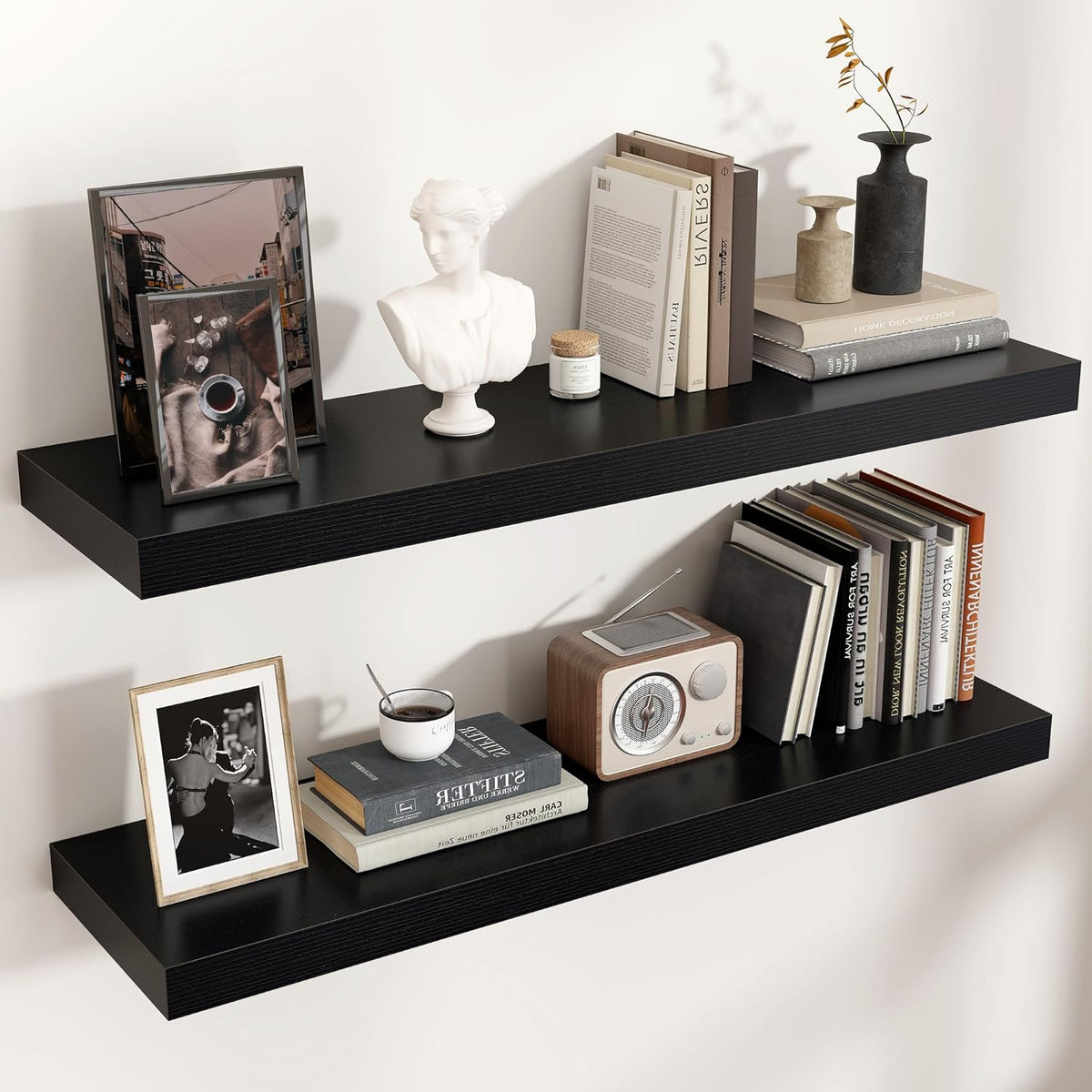 Floating Shelves - 2 Large Wall Mounted Shelves with Invisible Brackets, Long Wood Floating Wall Shelf for Living Room, Bedroom, Kitchen (Black, 36" W x 9" D x 1.5" H)