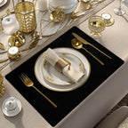 Faux Leather Placemats and Coasters Set of 6, Waterproof, Oil-Proof Wipeable, PVC Leather Place Mats, Anti Slip Heat Resistant Reversible Table Mats for Kitchen, Dining, Outdoor 17’’×12’’, (Black)