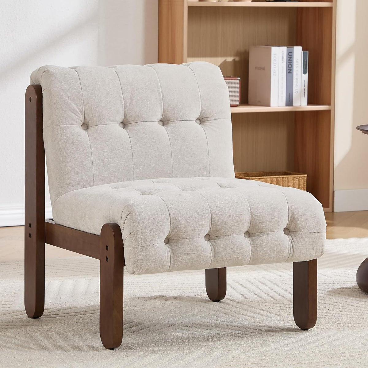 Modern Armless Accent Chair for Living Room, Soft Beige Linen Button Tufted Upholstered Lounge Reading Chair with Walnut Wood Frame