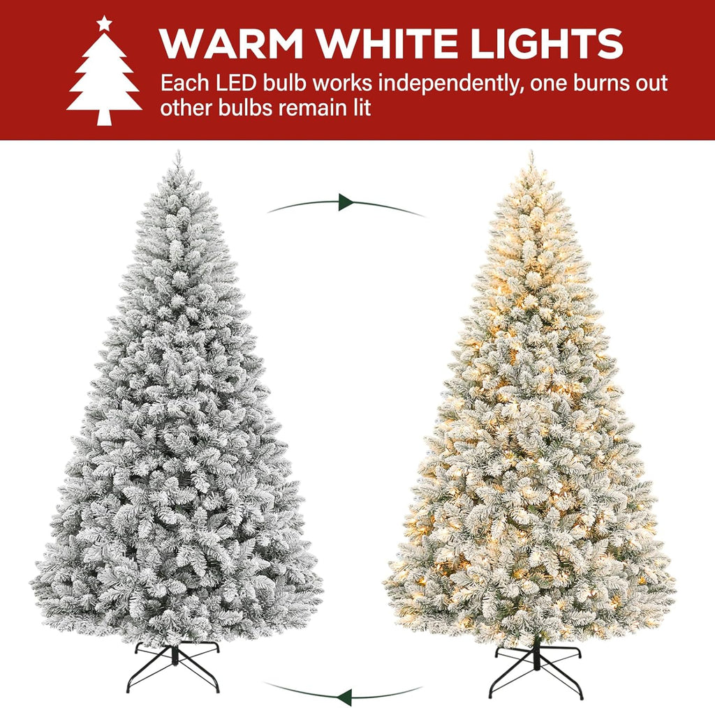 Hykolity 7.5 ft Snow Flocked Christmas Tree, Artificial Christmas Tree with 450 Warm White Lights, 1446 Tips, Metal Stand and Hinged Branches
