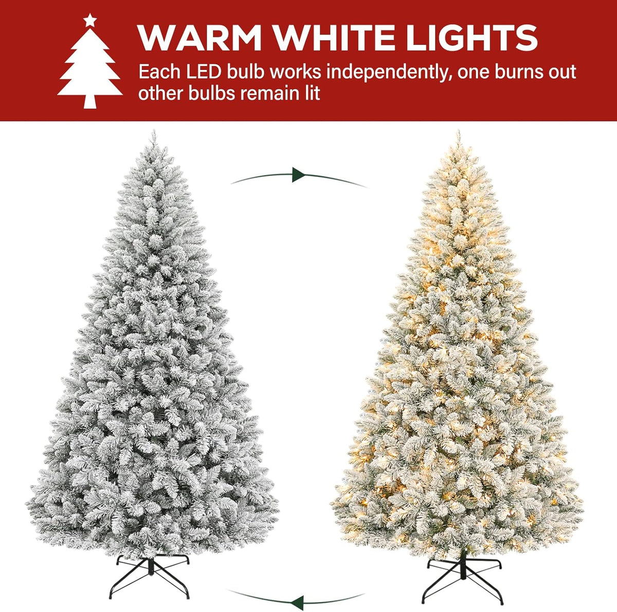 Hykolity 7.5 ft Snow Flocked Christmas Tree, Artificial Christmas Tree with 450 Warm White Lights, 1446 Tips, Metal Stand and Hinged Branches