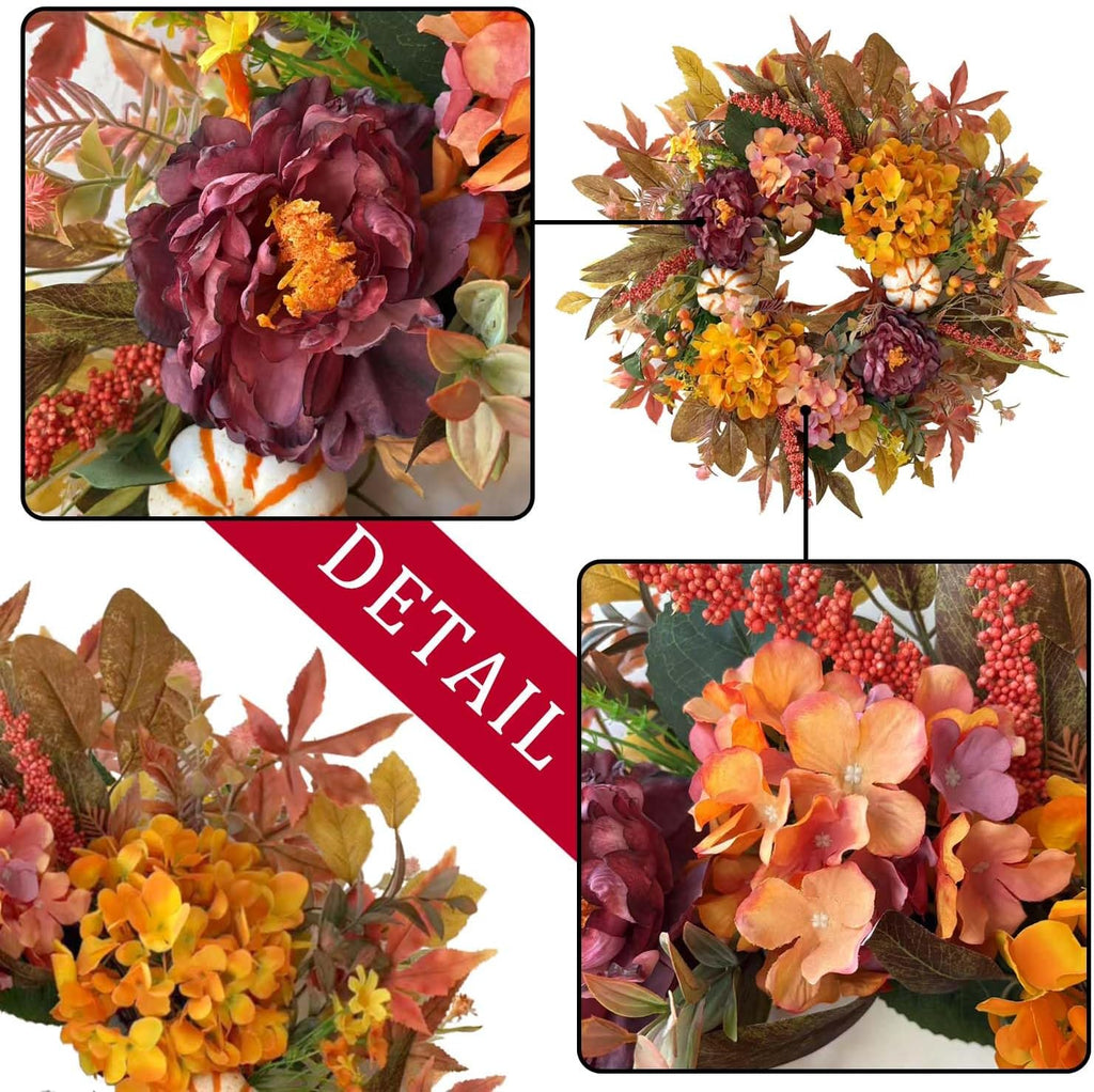 WANNA-CUL 24 Inch Fall Wreaths for Front Door with Hydrangea,Peony and White Pumpkins-Fall Decorations for Home, Fall Door Wreath Decor for Autumn,Harvest, Halloween or Thanksgiving
