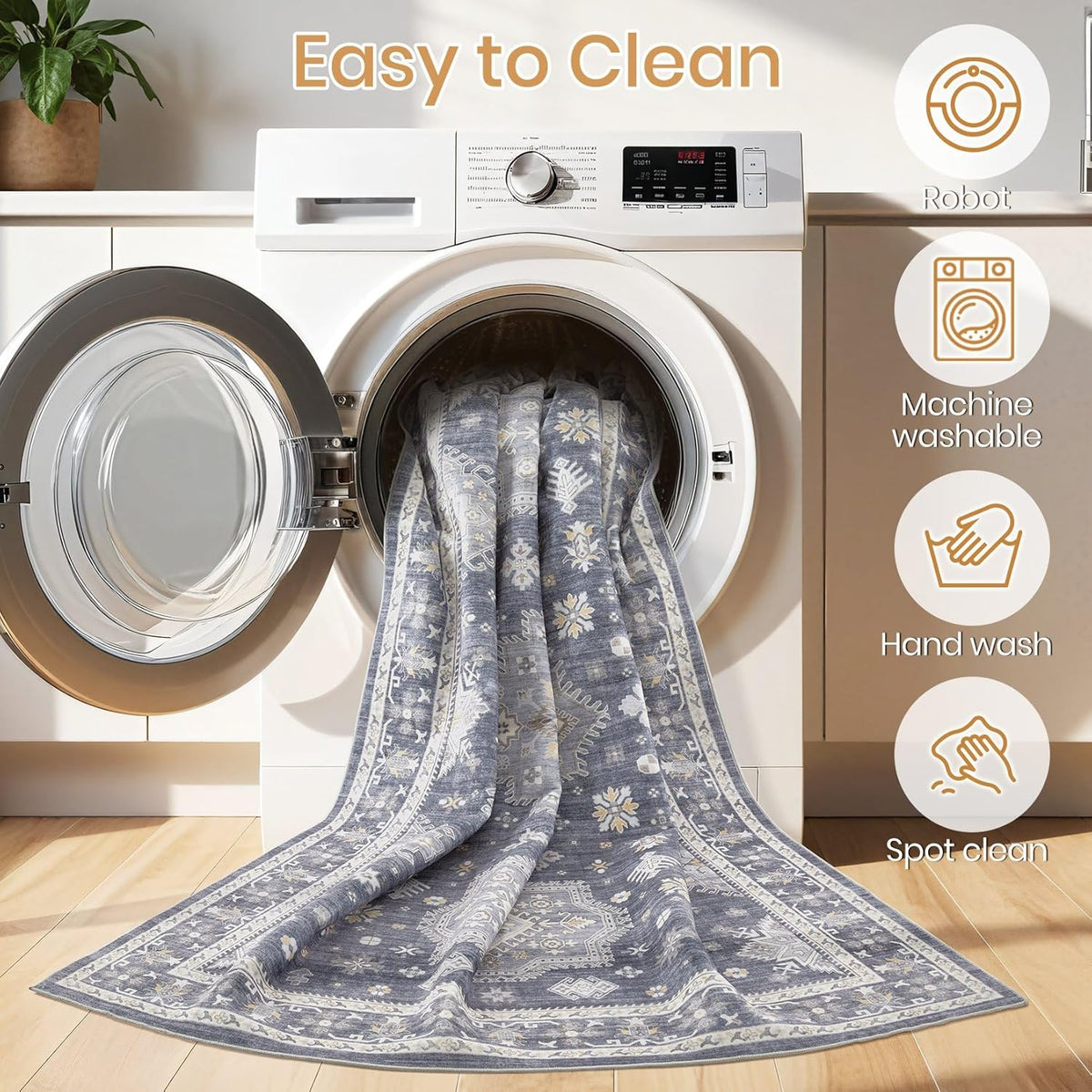 Washable Area Rugs for Living Room -8x10 Neutral Vintage Distressed Floral Farmhouse Boho Large Soft Floor Rug Indoor Non Slip Carpet for Living Room Bedroom Dining Room Office - Denim Blue/Grey