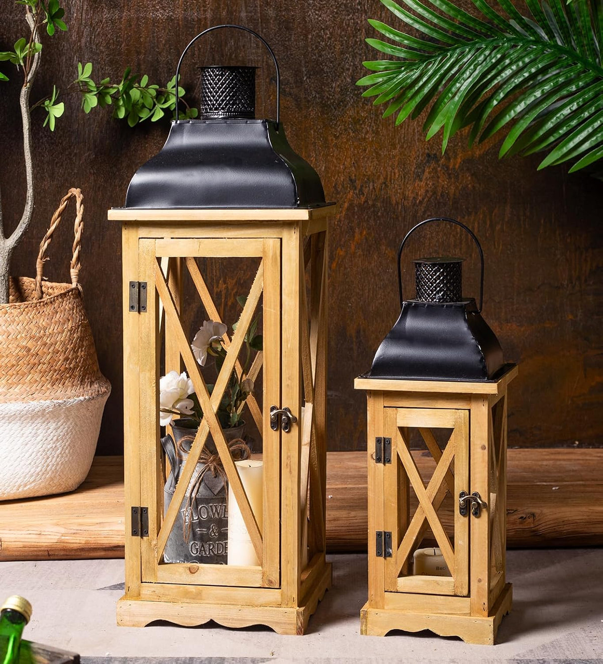 Farmhouse Wooden Metal Candle Lantern Set of 2, Rustic Large Decorative Floor Lanterns, Indoor/Outdoor Hurricane Lantern for Home Decor (No Glass)