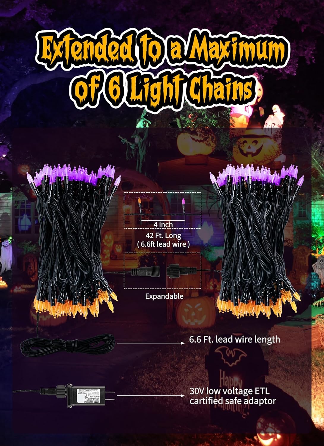 Christmas Lights Outdoor, 33FT 100 LED Mini Orange Purple Lights Plug in with 8 Modes for Outdoor Indoor Christmas Tree Lights Party Holiday Commercial Decorations, Waterproof & Connectable, 2 Pack