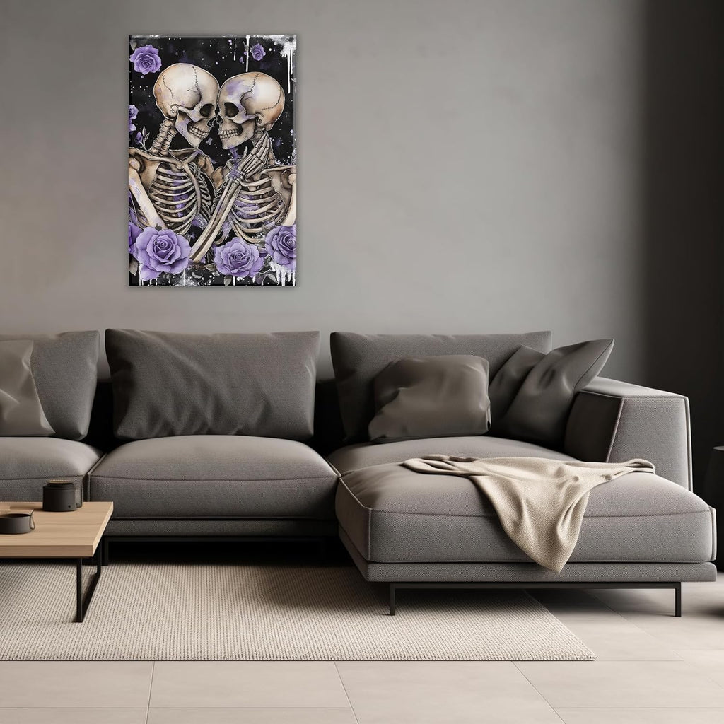 Skull Canvas Wall Art Couple Skeleton Holding Each Other Picture Art Poster Abstract Lover Painting Modern Artwork Horrible Halloween Decor(Artwork-2,28"x42")