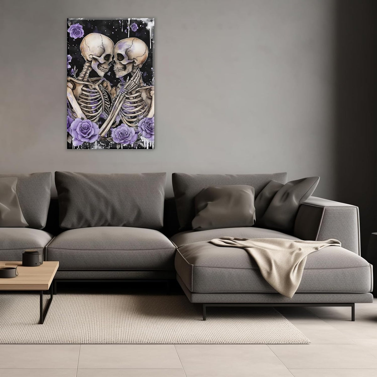 Skull Canvas Wall Art Couple Skeleton Holding Each Other Picture Art Poster Abstract Lover Painting Modern Artwork Horrible Halloween Decor(Artwork-2,28"x42")