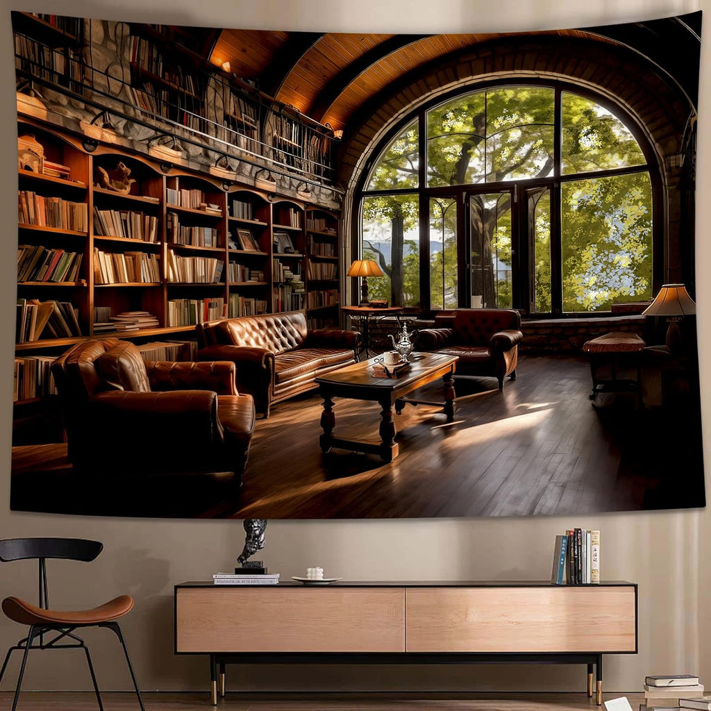 dueeia Book Library Tapestry Wall Hanging Medieval Bookshelf Vintage Window Bookcase Backdrop Wall Decor for Bedroom Aesthetic Living Room Office (90.6"x70.9")