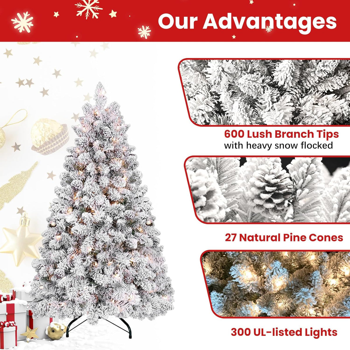 5ft Pre-lit Flocked Christmas Tree, Artificial Christmas Tree with Lights, Snow Frosted Christmas Trees Pre-lit with Pine Cones & 300 UL Lights, 600 Tips, Hinged Easy Setup Xmas Tree
