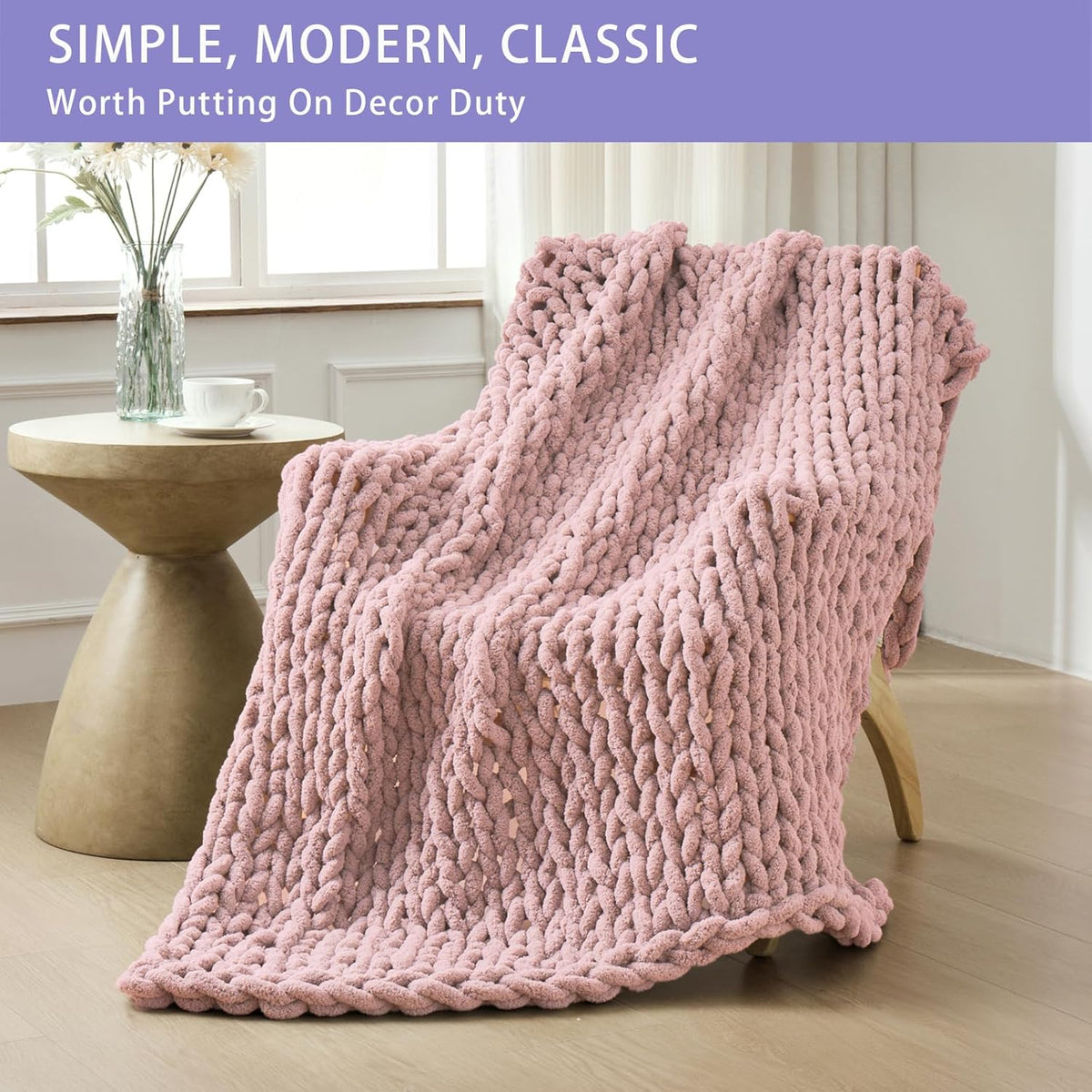 Bigacogo Chunky Knit Throw Blanket for Couch, 60x80 inches, 100% Hand Knitted with Thick Jumbo Chenille Yarn, Cozy Soft Large Rope Knot Cable Crochet Blankets for Sofa Bed Living Room, Dusty Pink