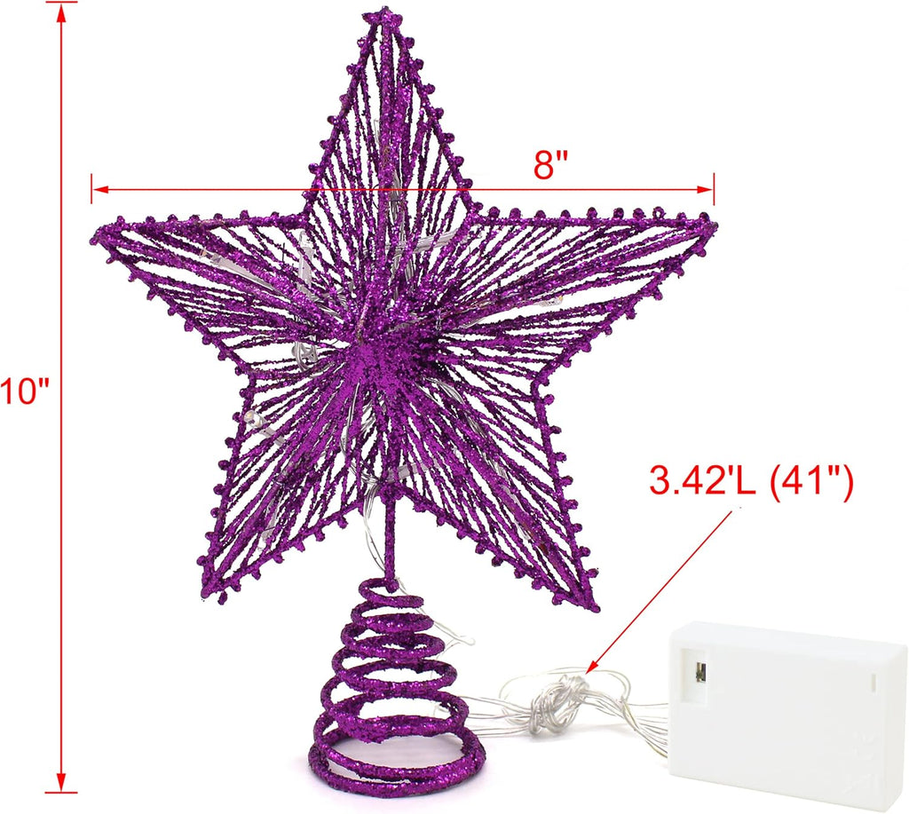 CVHOMEDECO. Violet Glittered 3D Tree Top Star with Warm White LED Lights and Timer for Christmas Tree Decoration and Holiday Seasonal Décor, 8 x 10 Inch