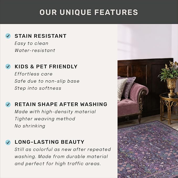 Washable Plum Purple Rug for Bedroom - Image 6