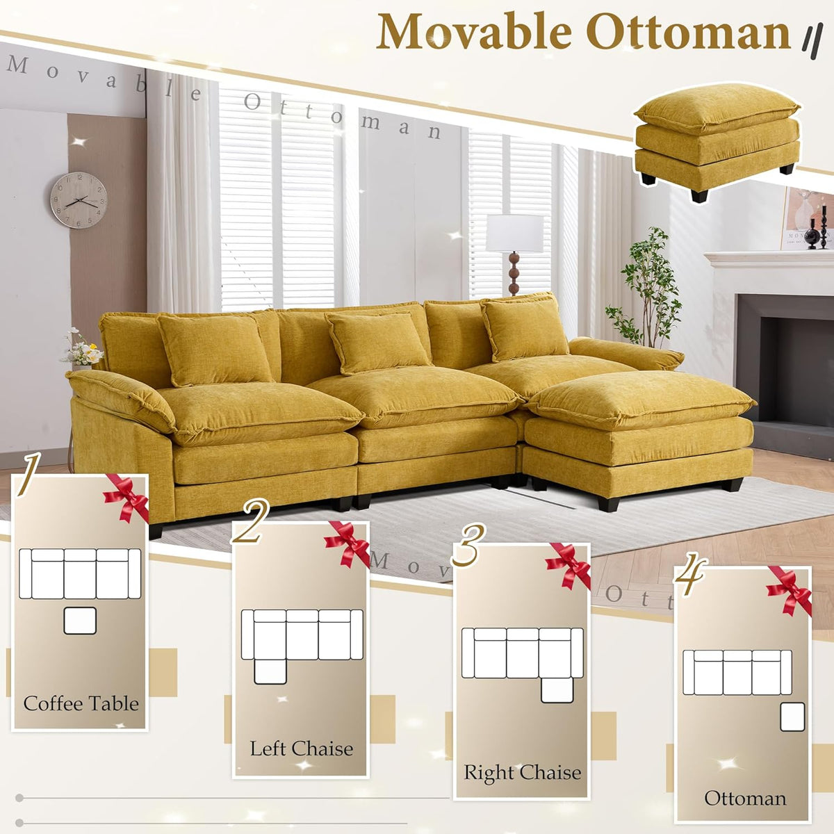 URRED Modular Sectional Sofa Comfy Cloud Couch, Modern Chenille Sofa Sleeper Deep Seat Couches with Ottoman/Pillows for Living Room (Yellow, 117''- L Shape)