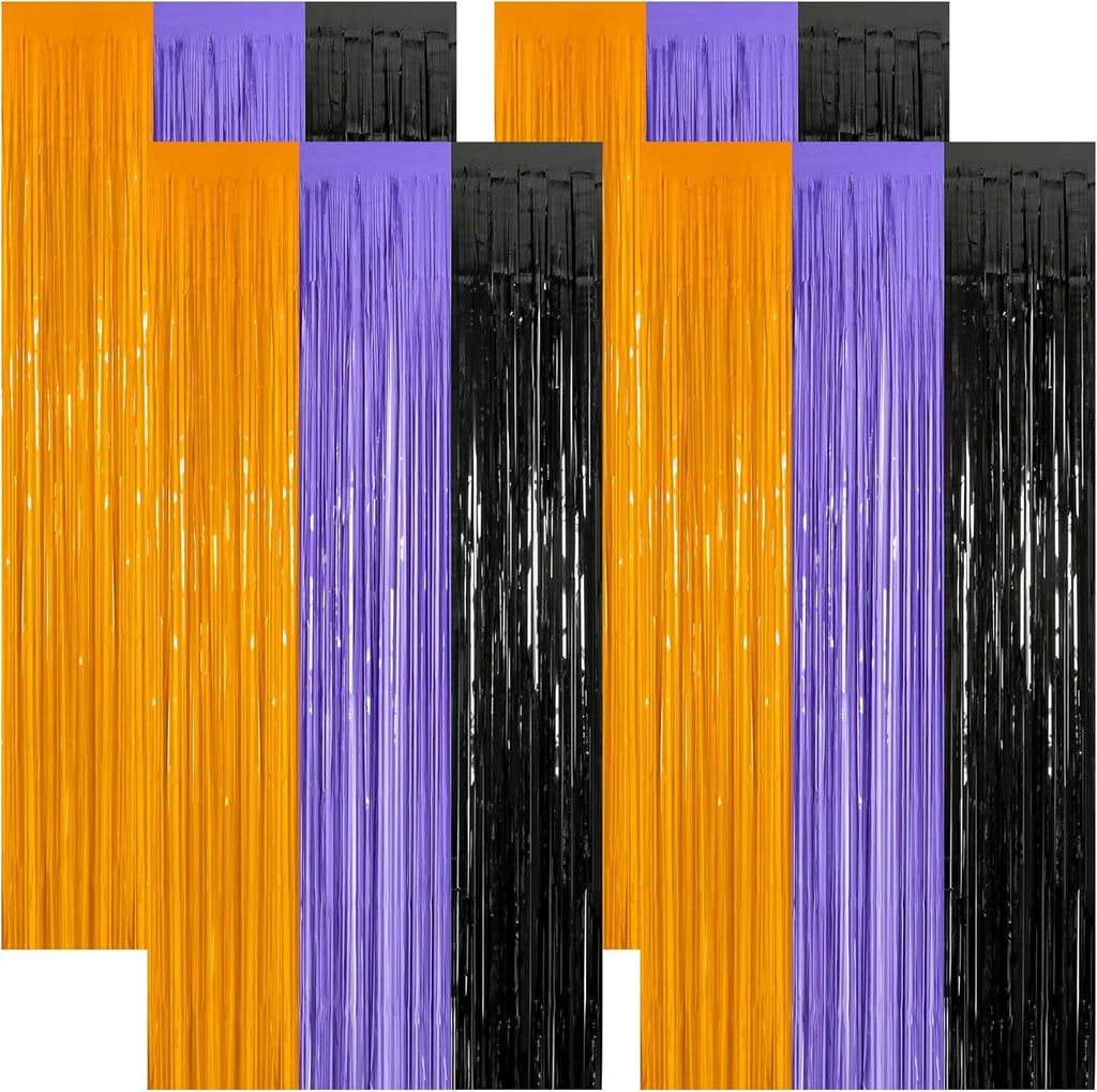 4 Pack Halloween Decorations, 3.28 FT x 7.05 FT Orange Purple Black Party Streamer, Funny Photo Backdrop Foil Curtains Fringe Tinsel, Halloween Door Decor Party Supplies Indoor