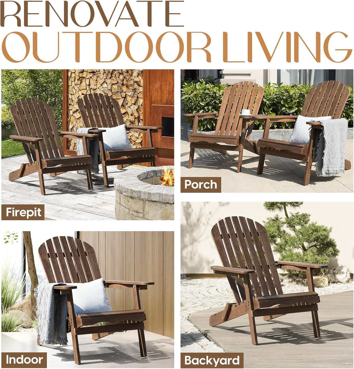 IDZO Outdoor Wooden Folding Adirondack Chair Set of 2 with Pre-Assembled BackRest, Wood Patio Chair for Garden Backyard Porch Pool Deck Firepit