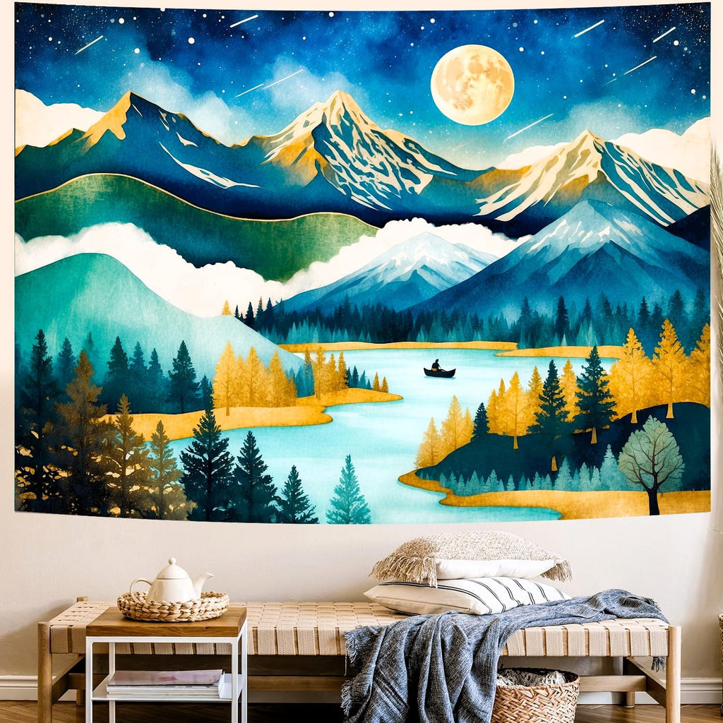 Delur Mountain Tapestry Boho Moon Stars Starry Night Tapestry Wall Hanging Forest Tree Nature Landscape Psychedelic Headboard for Bedroom Living Room Home Decor (70.8" x 92.5")
