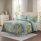 NEWLAKE Cotton Patchwork Bedspread, 3-Piece Bedding Quilt Set with Real Stitched Embroidery, Reversible Matelasse Bed Coverlet Set,Green Farmhouse Garden,Queen Size