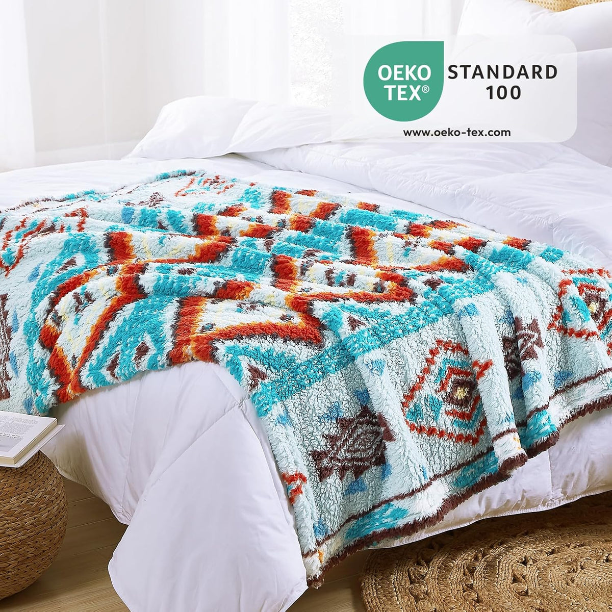 CASAAGUSTO Boho Sherpa Blanket,Teal Aztec Twin Blanket, Ultra Soft, Warm, Cozy, Plush, Thick Fleece Western Blanket for Couch, Bed, Sofa (Aqua 60 * 80 Inch)