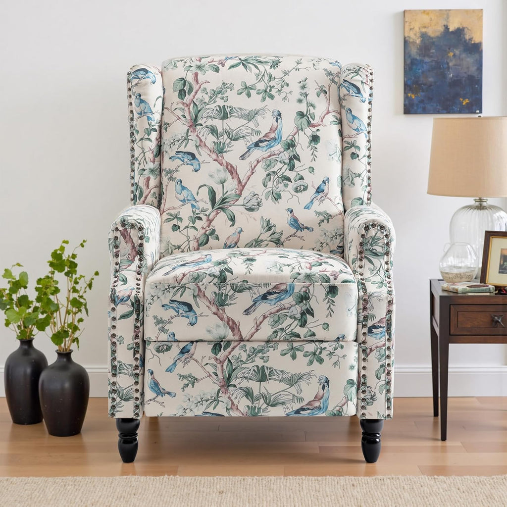 UIXE Floral Pushback Recliner Chair, Fabric Upholstered Armchair Push Back Accent Chair for Living Room, Rivet Trim Club Chair Home Theater Single Sofa Reading Seat - Bird