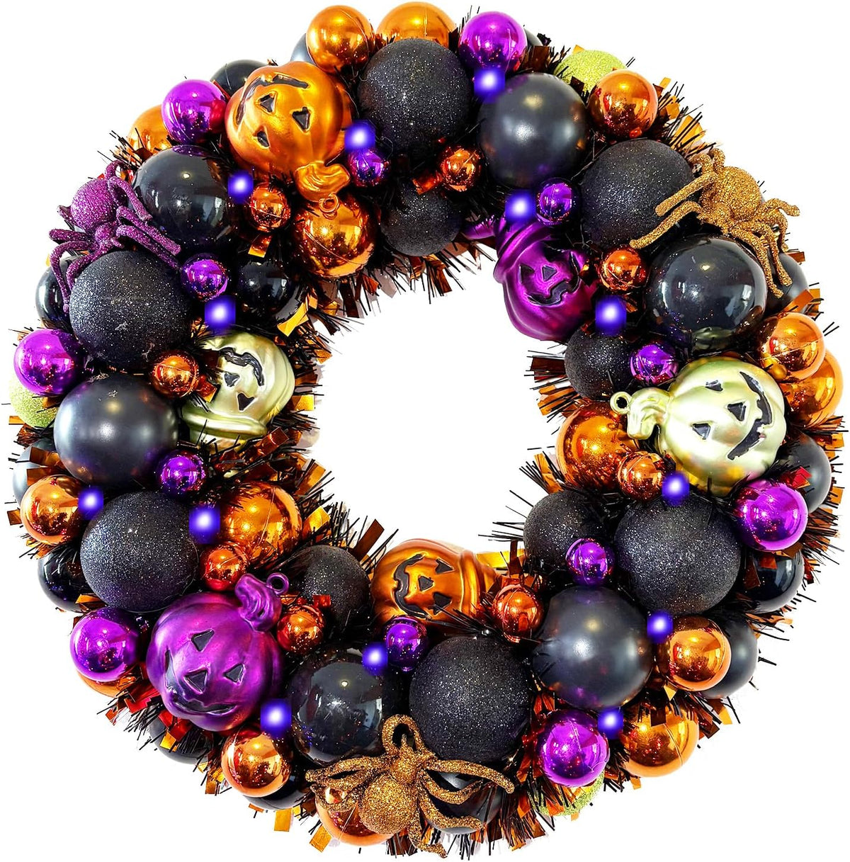 13.8 Inch Halloween Ball Wreath for Front Door with Lights, Lighted Cute Treat-or-Trick Door Wreath Ball Ornament for Halloween Indoor Decorations Centerpiece Party Holiday Wall Home Decor