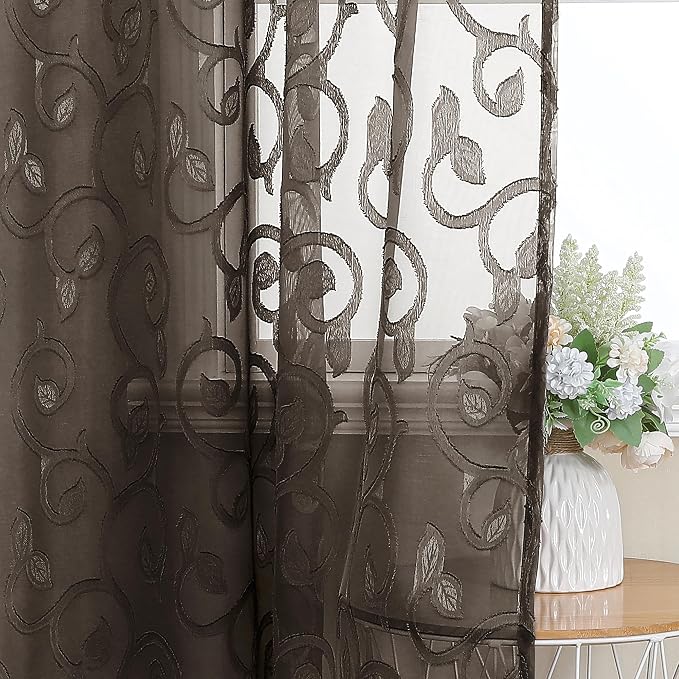 Furman Sheer Curtains Chocolate 24 Inch Length 2 Panels Set, Elegant Geometric - Image 2